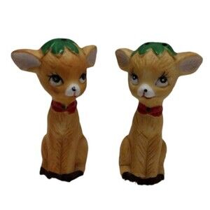 Vintage Deer Fawns Salt Pepper Shaker Christmas Brown Red Green 3.5" JSNY